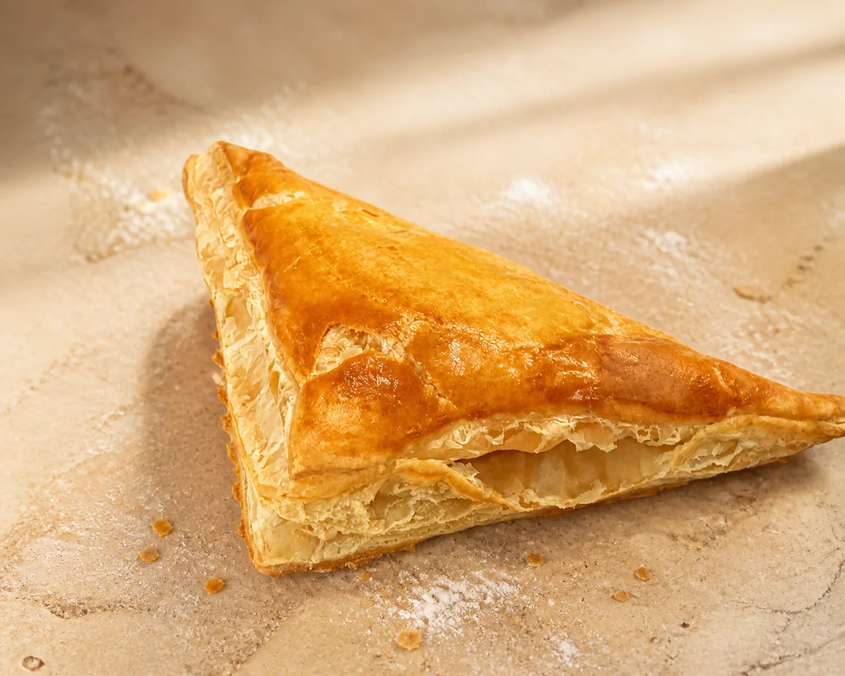 Triángulo de hojaldre dorado de Pan Square enfocado