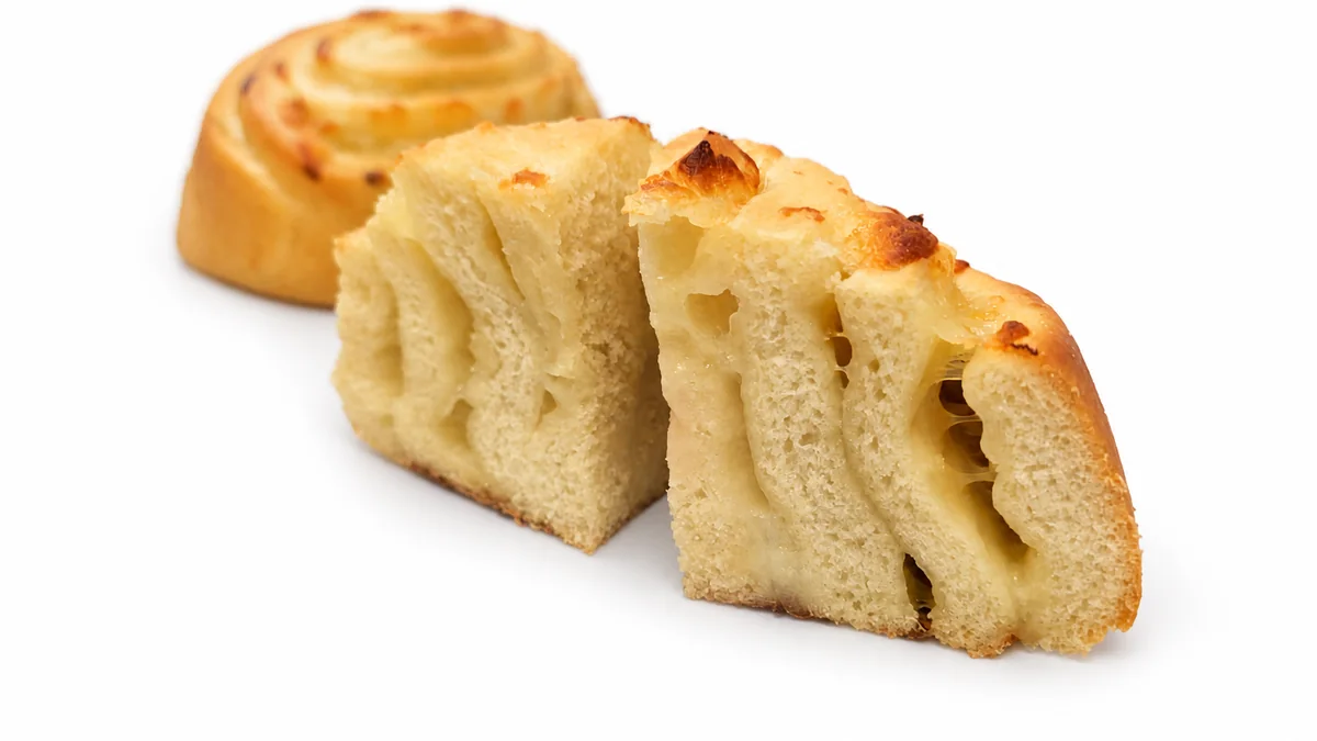Roll de queso Pan Square cortado con el interior visible